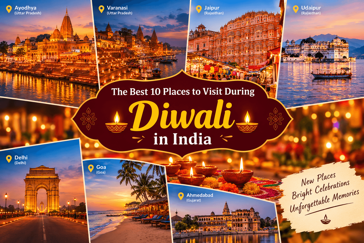 Discover the best places to visit during Diwali in India, from Ayodhya and Varanasi to Jaipur, Goa, and Ahmedabad, and plan a memorable Diwali holiday.